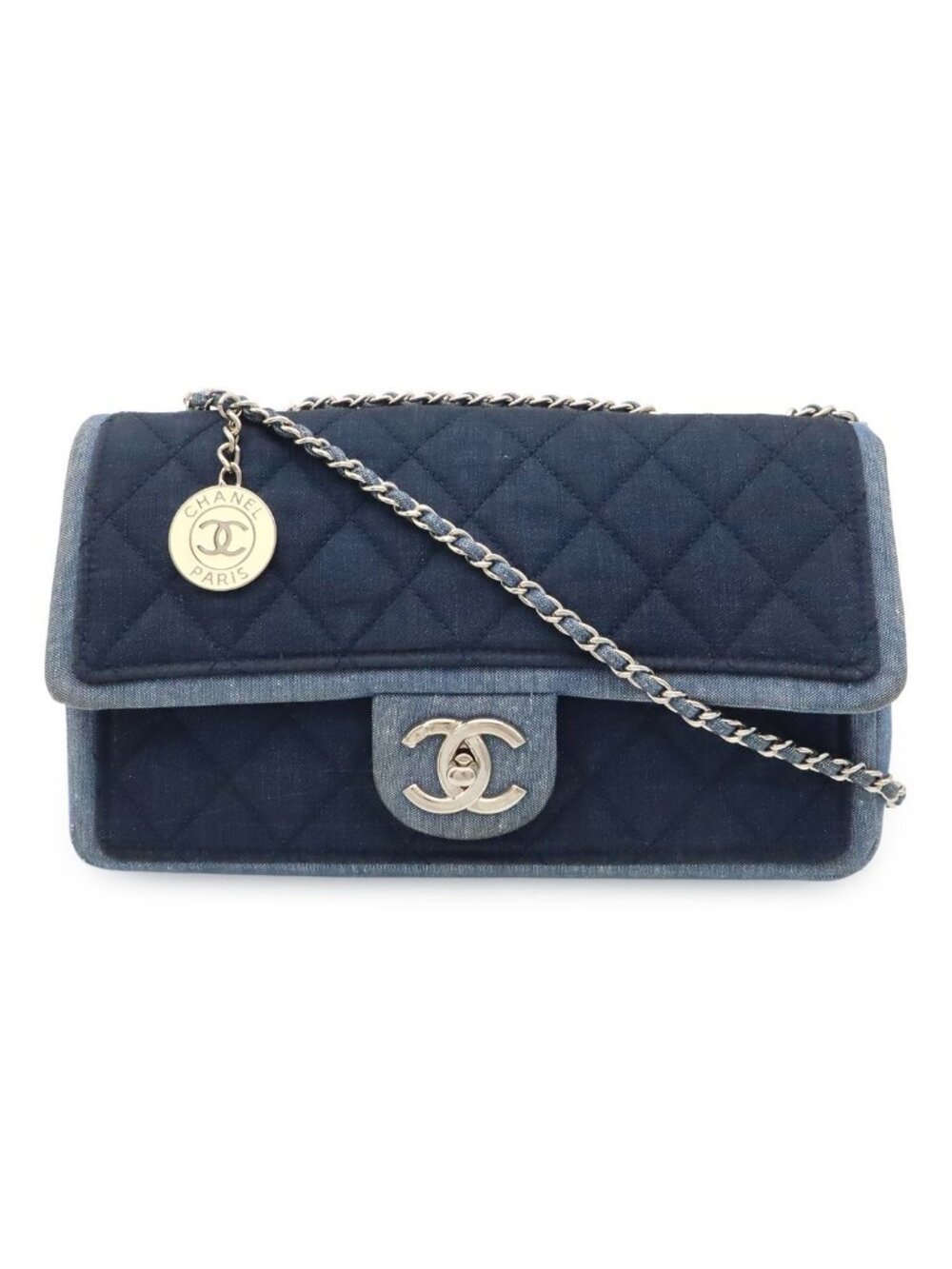 Chanel Medallion Quilted CC Logo Chain Shoulder Bag 2-Way Denim Blue Silver